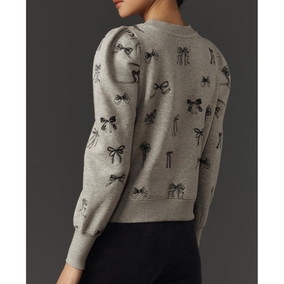 Anthropologie Casual Chic Gray Bow-Print Puff-Sleeve Sweatshirt - Picture 8 of 16